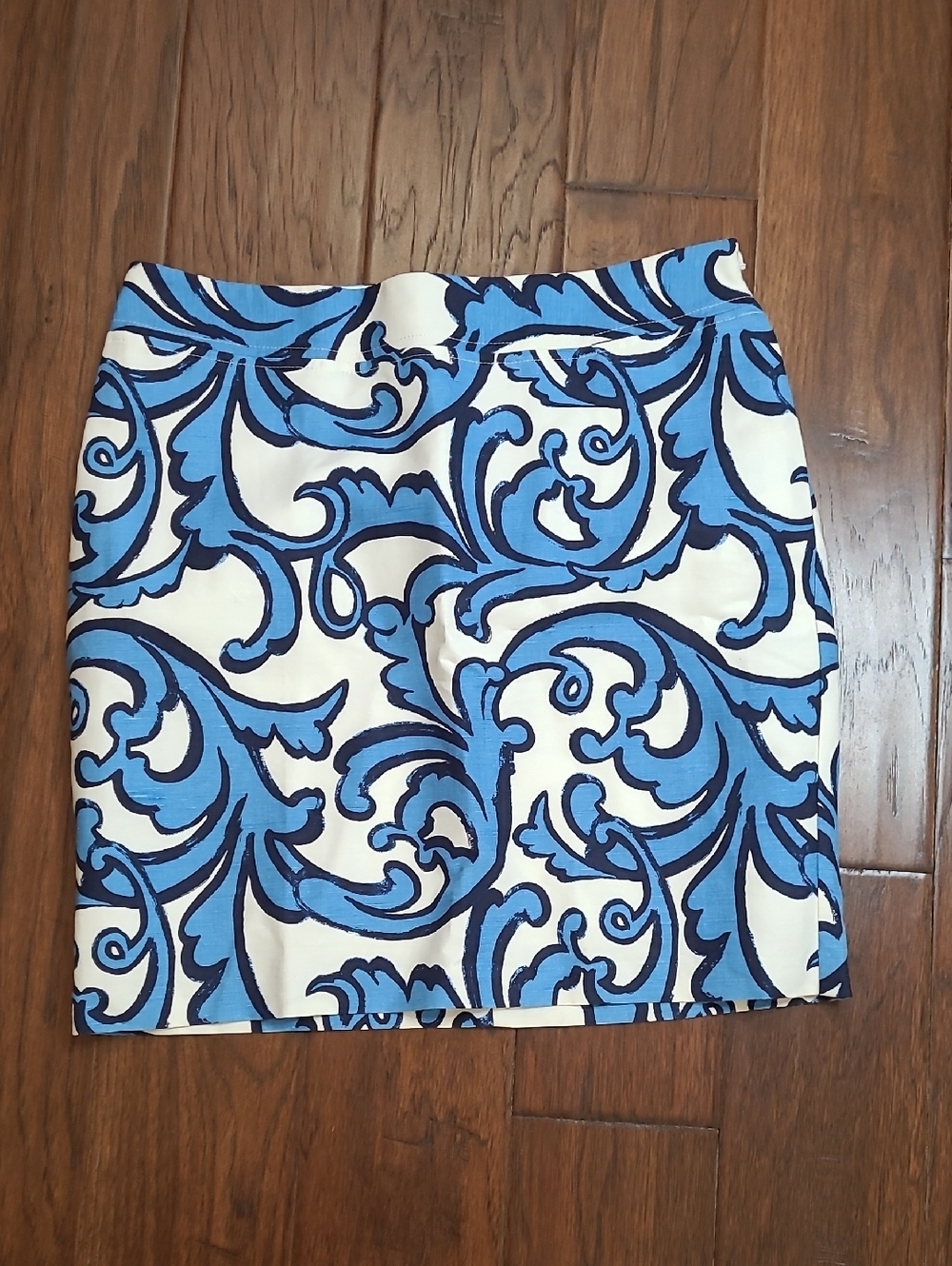 Merona Blue & White Large Print Linen-Cotton Blend Pencil Skirt size 6